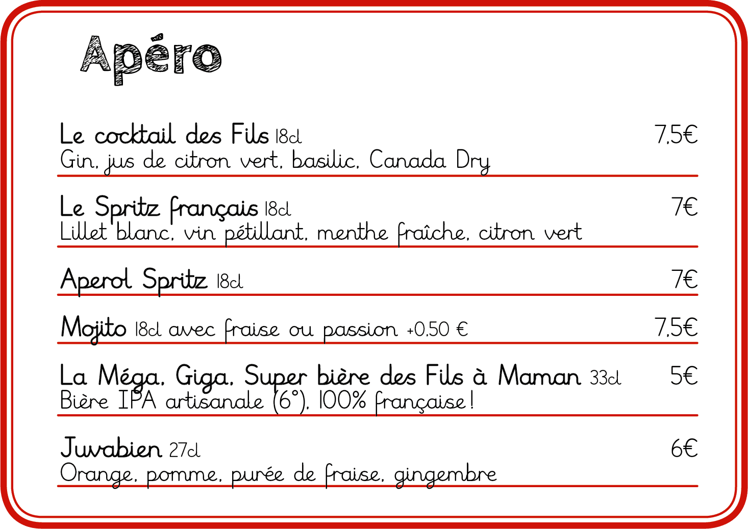 Element de la carte de nos restaurants